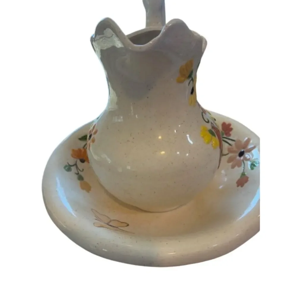 Vintage Beautiful Ceramic Pitcher & Basin Set Handpainted w/Flowers and Buttefly